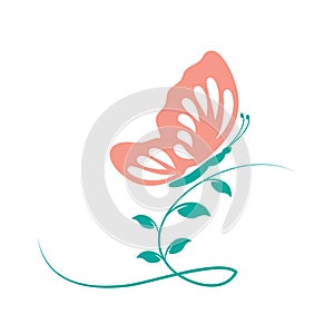 Pink butterfly vector illustration on leaves