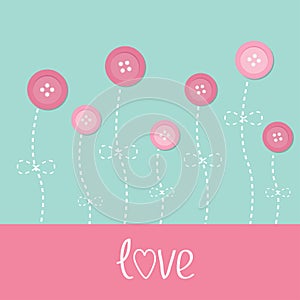Pink button flowers. Dash line stem with bow Love card. Flat design