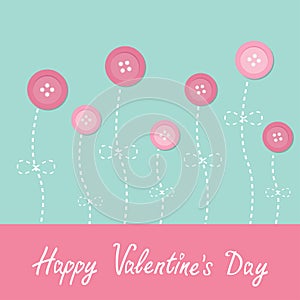 Pink button flowers. Dash line stem with bow Love card. Flat design Happy Valentines day