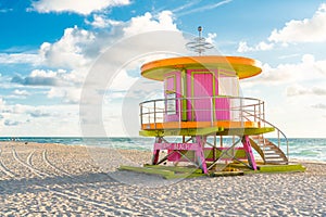 Pink cabin at sunrise on the Miami Beach, Florida, USA