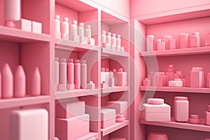 Pink cabinet with shelves and varios mockups of beauty products without labels photo