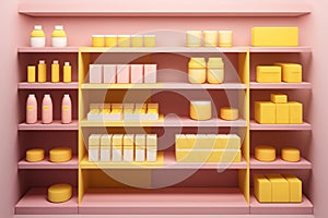 Pink cabinet with shelves and varios mockups of beauty products without labels. Generated by AI photo