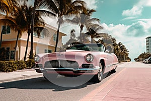 A pink caddilac on a road with palm trees at florida beach created with generative AI technology photo