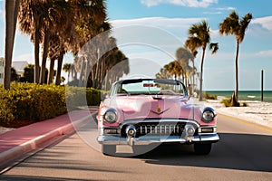 A pink caddilac on a road with palm trees at florida beach created with generative AI technology photo