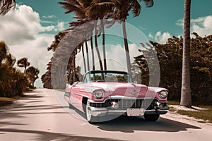 A pink caddilac on a road with palm trees at florida beach created with generative AI technology photo