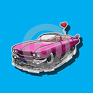 Pink Cadillac car with a heart-shaped balloon. Hand-drawn stroke. Sticker. Vector image