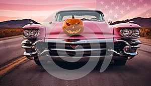 A pink Cadillac on the road, with an illuminated Halloween pumpkin on its hood photo