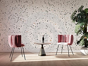 Pink Cahir next to table in colorful living room interior with Terrazzo wall tiles. 3D-Illustration