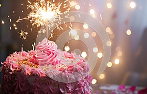 a pink cake with a gold sparkler on top