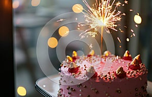 a pink cake with a gold sparkler on top