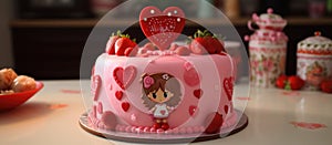 Pink cake with strawberries and hearts on a cake decorating supply table