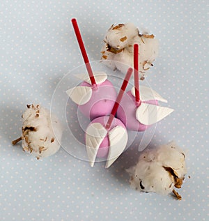 Pink cakepops with wings among the cotton, blue background