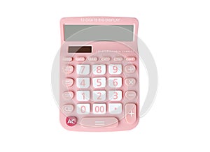 Pink calculator isolated on white background. photo