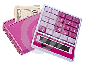 Pink Calculator with Money Filled Wallet