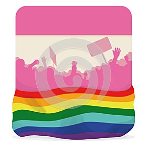 Pink calendar with silhouette of protesters wrapped with rainbow flag, Vector illustration