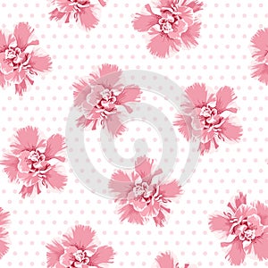 Pink camelia flowers seamless pattern. Tree petals bloom blossom. Female feminine girlish style. Polka dot background.