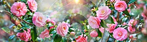 Pink Camellia Blooms in Lush Foliage. Growing roses in the garden