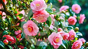 Pink Camellia Blooms in Lush Foliage. Growing roses in the garden
