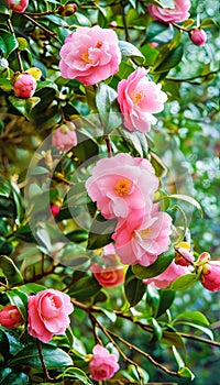 Pink Camellia Blooms in Lush Foliage. Growing roses in the garden