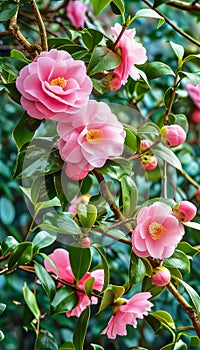 Pink Camellia Blooms in Lush Foliage. Growing roses in the garden