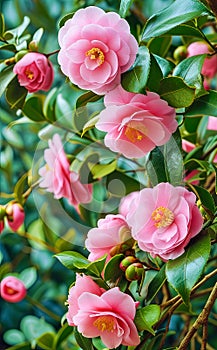 Pink Camellia Blooms in Lush Foliage. Growing roses in the garden