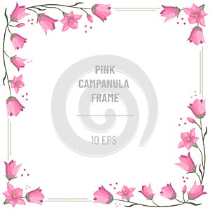 Pink campanulas frame; empty square flowers frame with pinkbells.