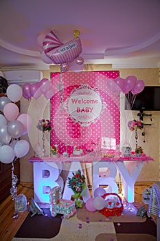 Decoration for a baby shower cute party . Pink Candy bar at Birthday party