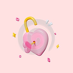 Pink candy hearts with keyhole, padlock. Symbol of love. Valentine day. isolated on pink background. clipping path. 3D