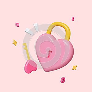 Pink candy hearts with keyhole, padlock. Symbol of love. Valentine day. isolated on pink background. clipping path. 3D