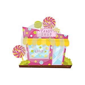 Pink candy shop decorated with big lollipops. Cartoon city building. Store with signboard, big glass door and window