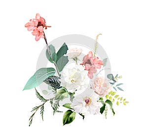 Pink canna flower, dusty blush rose, white dahlia, peony, tropical leaves, greenery design vector bouquet