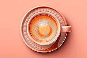 Pink cappuccino cup with yummy foam on the beige pastel background. Top view. Close up. Banner for design. Copy space