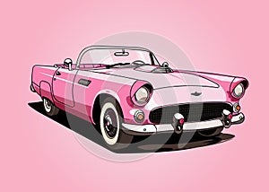 Pink car, barbiecore style, vector raelistic illustration. Chrome, metal, glossing design, retro stale. Back to 2000s