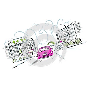 Pink car on the city road for your design