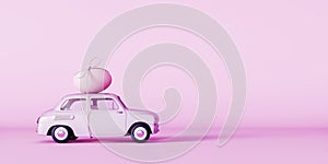 Pink car with egg on the roof, Easter concept background