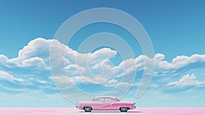Pink Car Parked On Rocky Gravel Field Under Clouds