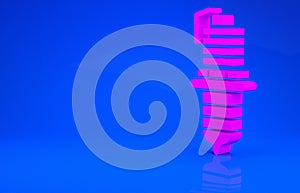 Pink Car spark plug icon isolated on blue background. Car electric candle. Minimalism concept. 3d illustration. 3D