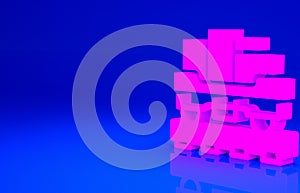 Pink Cargo train wagon icon isolated on blue background. Full freight car. Railroad transportation. Minimalism concept
