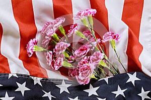 Pink carnation flowers in USA flag on background, of Remembrance Veterans and Memorial Day