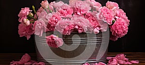 Pink carnation flowers in zinc bucket, a heartfelt tribute to mothers on their special day