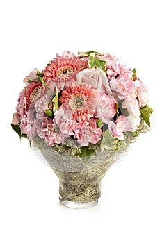 Pink carnation with herbera bouquet photo