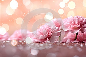 Pink carnation on isolated magical bokeh background with copy space for text placement
