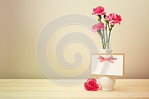 Pink Carnations on White Vase with Blank Greeting Card