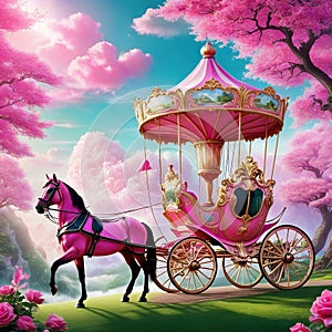pink carriage with beautiful animal in an enchanted landscape