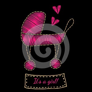 Pink carriage embroidery stitches imitation on the black background