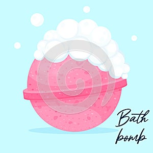 Pink cartoon bath bomb isolated on blue background. Bath bomb with white soap bubbles on blue background.