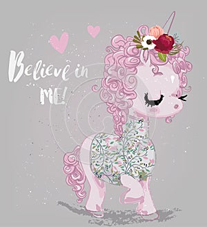 Pink cartoon fairytale unicorn