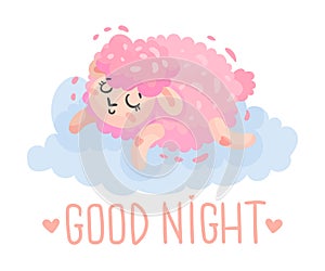 Pink lamb sleeps on a cloud. Vector illustration on a white background.