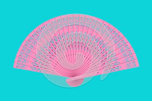 Pink Carved Wooden Hand Fan in Duotone Style. 3d Rendering