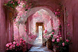 Pink castle hallway strewn red roses all around the door and window. Flowers everywhere. Victorian style. Ai digital art